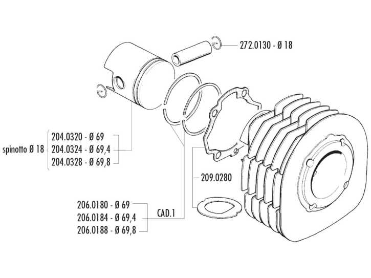 Kolben Satz Polini 225ccm 69mm 18mm Kolbenbolzen für Ape 601 V, Car P2, P 501, P 602, TM 703